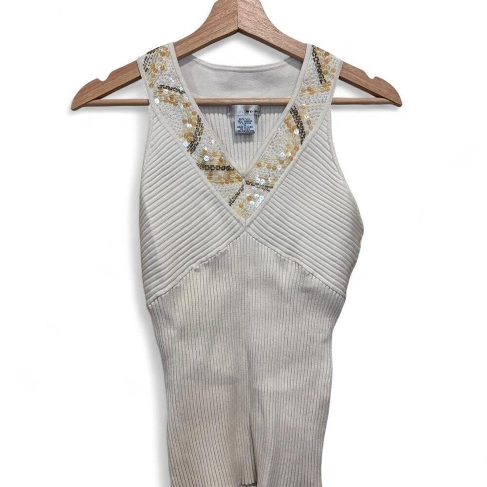 Y2K WD.NY Ribbed V Neck Sequin Beaded Tank Cream Size XL